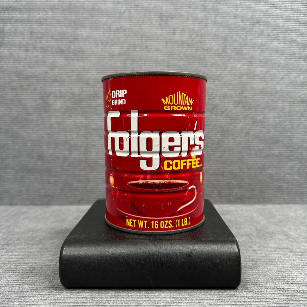 Vintage Folgers Coffee Tin 1 lb Mountain Grown Red Metal Canister Drip Grind